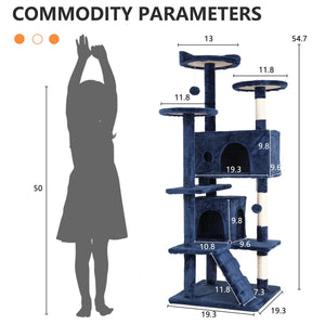 54-In Double Condo Cat Tree Tower Playhouse with Scratching Post & Perch for Indoor, Navy Blue