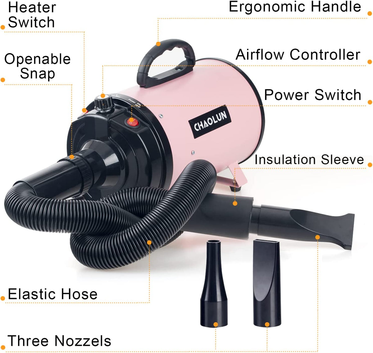 High-Velocity Pet Hair Dryer with Heater — Pink
