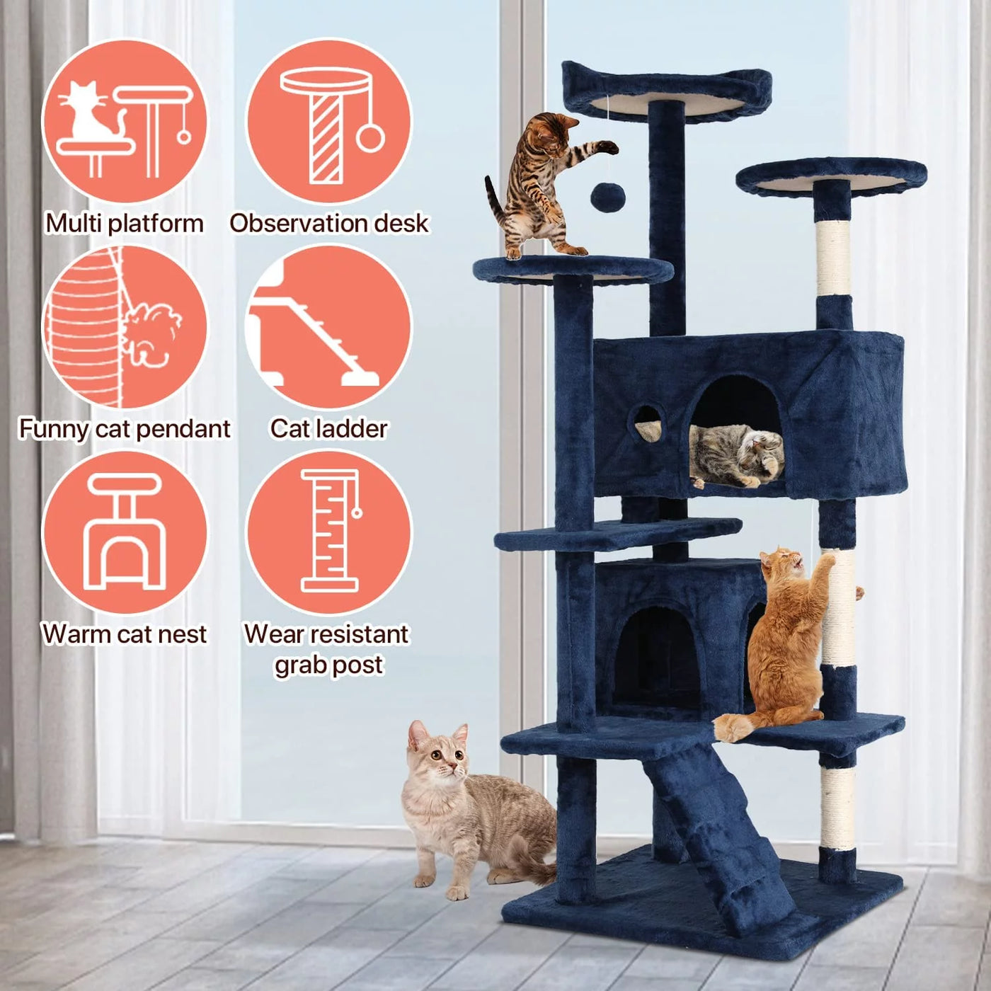 54-Inch Double Condo Cat Tree — Navy Blue