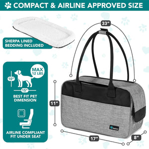 Dog Purse Carrier for Small Dogs Cats, TSA Airline Approved Soft-Sided Pet Carrier with Pockets, Ventilated Travel Tote Bag with Bed & Shoulder Strap, Puppy Kitten, Max 12 Lbs, Heather Grey