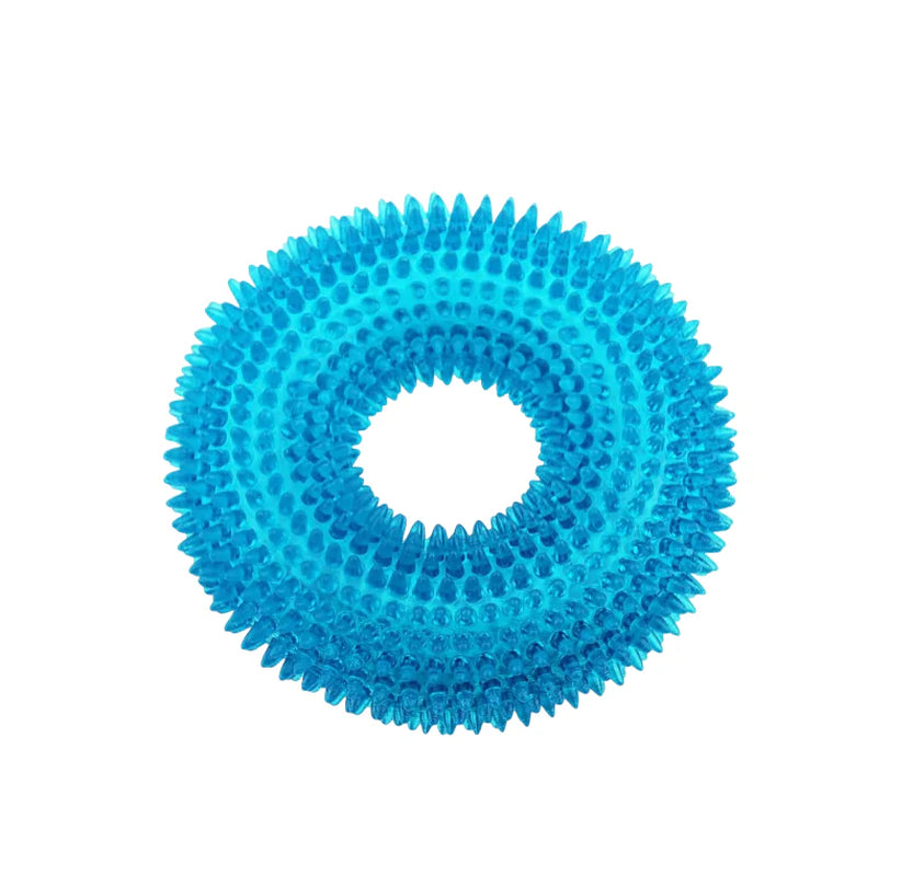 Dog Squeaky Chew Toys for Aggressive Chewers, Small Medium Large Dogs Teeth Cleaning Soft Natural Rubber Float Toy for Indoor Outdoor Water Pool, Donut Ring Design 4.92 Inch, Crystal Blue