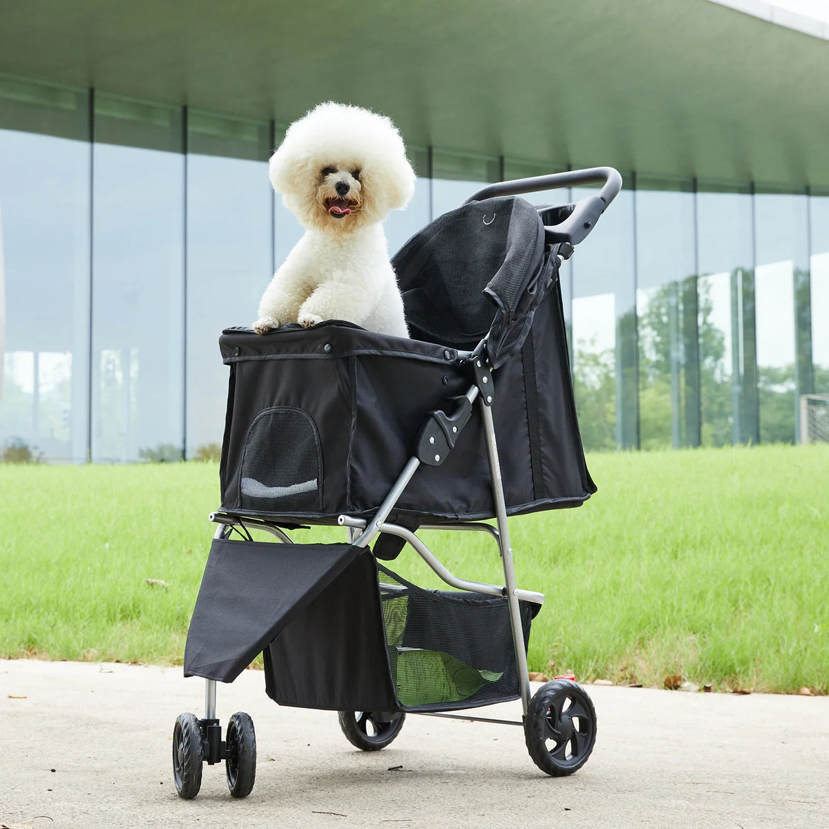 
JHK 3 Wheels Foldable Pet Stroller for Small Dogs and Cats Stroller with Mesh Windows Storage Basket Cup Holder for Outdoor Use