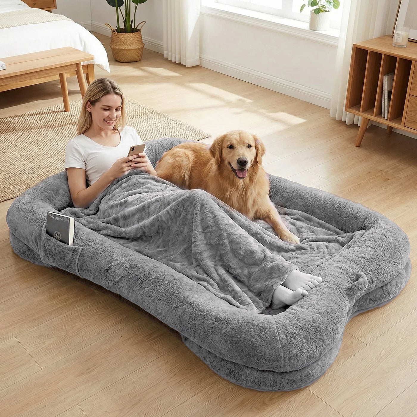 Giant Plush Dog Bed with Blanket and Pocket