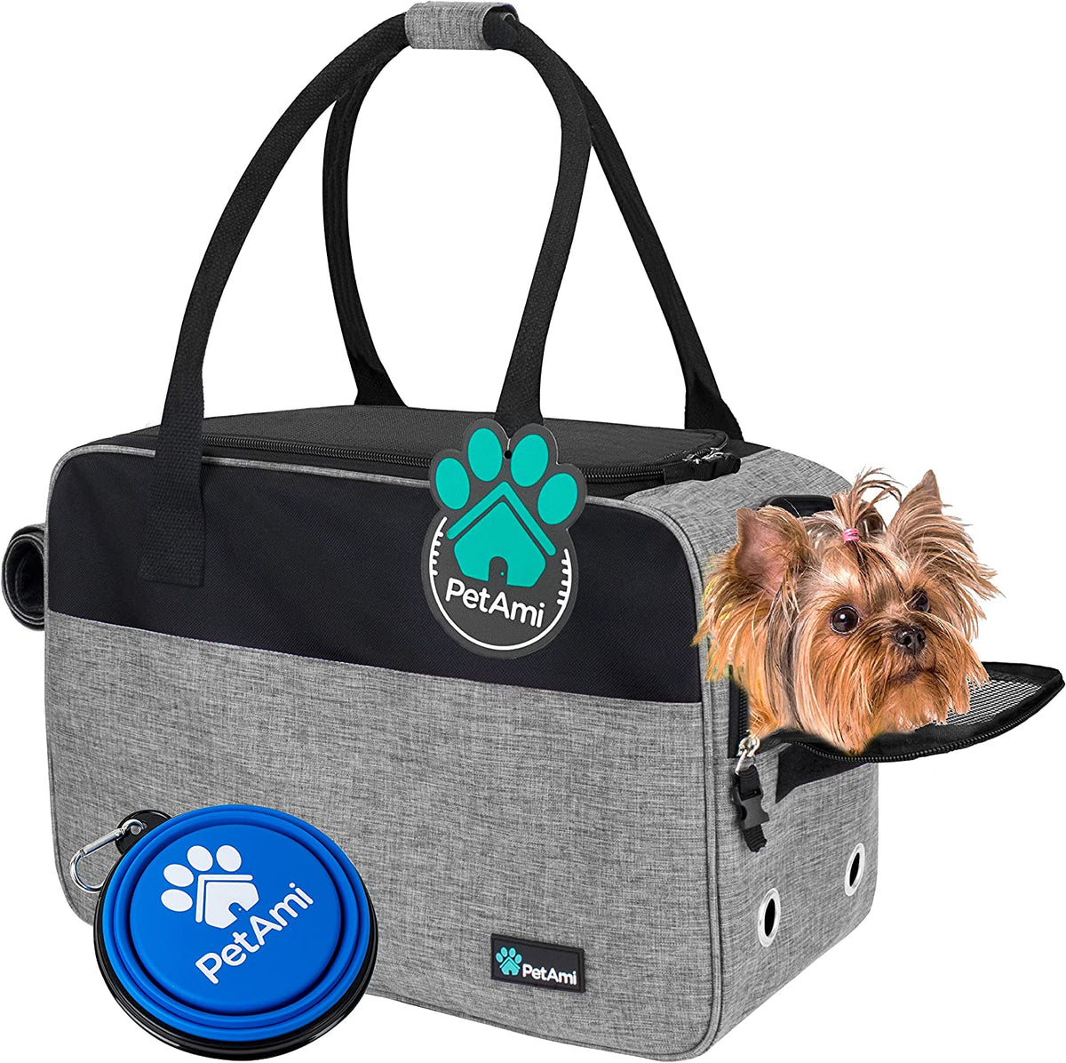 Dog Purse Carrier for Small Dogs Cats, TSA Airline Approved Soft-Sided Pet Carrier with Pockets, Ventilated Travel Tote Bag with Bed & Shoulder Strap, Puppy Kitten, Max 12 Lbs, Heather Grey