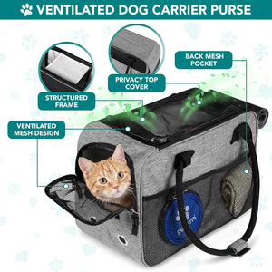 Dog Purse Carrier for Small Dogs Cats, TSA Airline Approved Soft-Sided Pet Carrier with Pockets, Ventilated Travel Tote Bag with Bed & Shoulder Strap, Puppy Kitten, Max 12 Lbs, Heather Grey