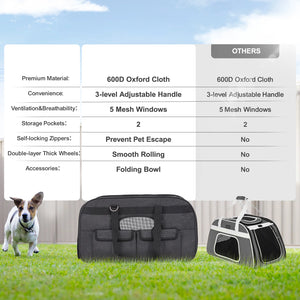 Cat Carrier with Wheels, Rolling Pet Carrier with Telescopic Handle and Shoulder Strap, Dog Carrier with Wheels for Pets under 35 Lbs, with 1 Folding Bowl, Black