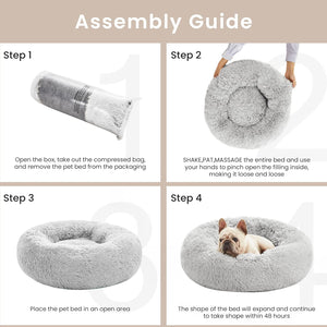 Calming Cat Bed for Indoor Cats, Anti-Anxiety Donut round Dog Bed, Fluffy Faux Fur Washable Pet Bed for Small Medium Dogs and Cats, Grey, 20In